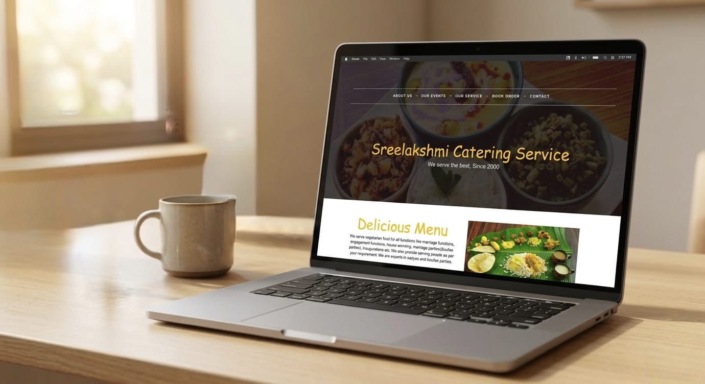 Laptop screen displaying the Sreelakshmi Catering Service website homepage, featuring the brand name and "Delicious Menu" section with a preview of traditional Kerala Sadhya on a banana leaf.