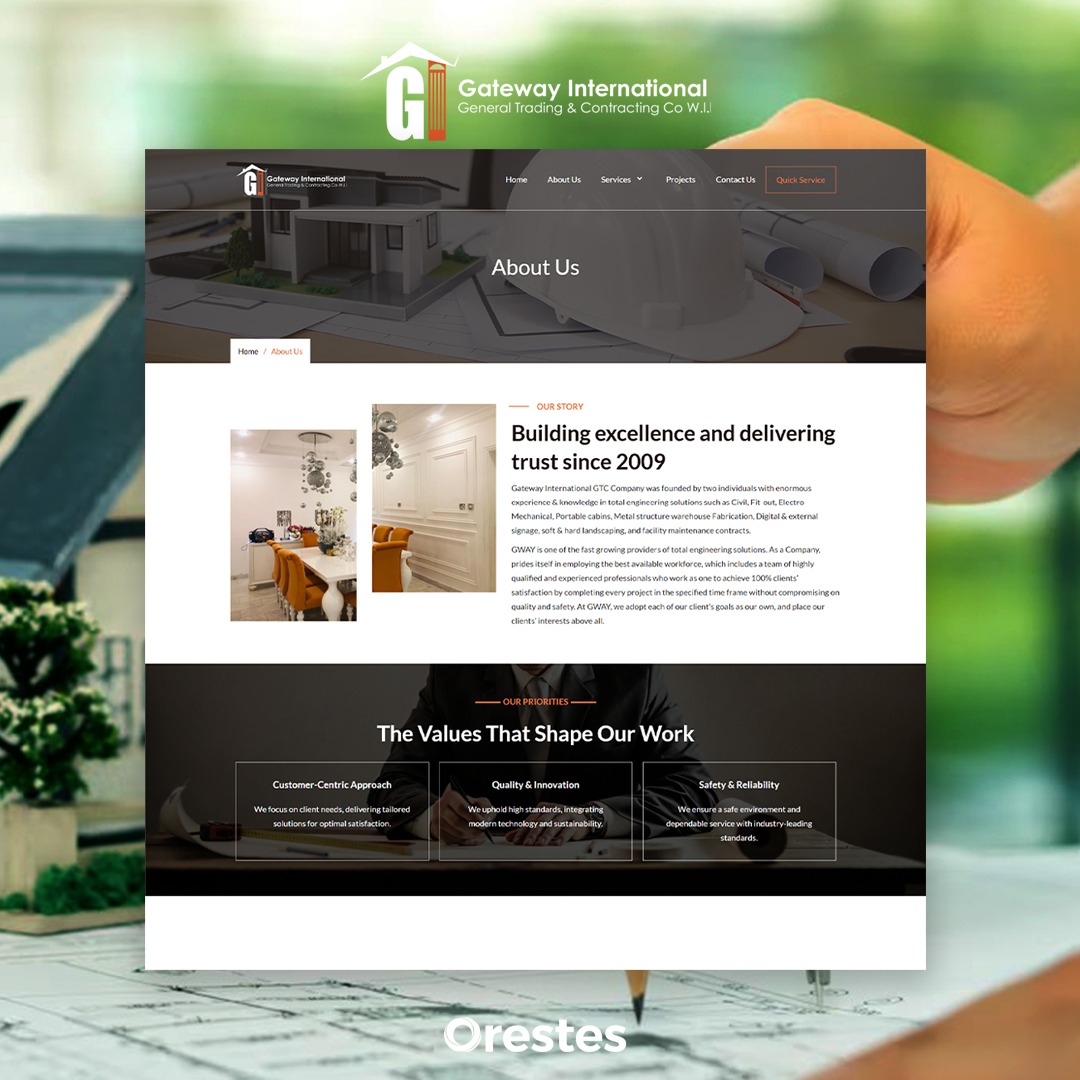 MacBook Air mockup displaying the dark-themed "About Us" webpage of a general trading and contracting company.
