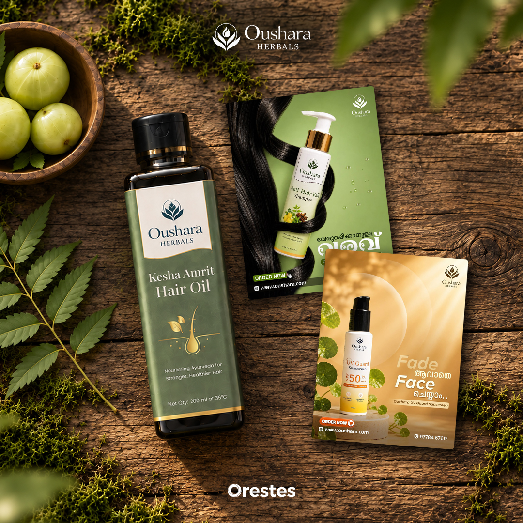 Oushara Herbals shampoo powder, hair care and sunscreen promotional designs in a green herbal setting