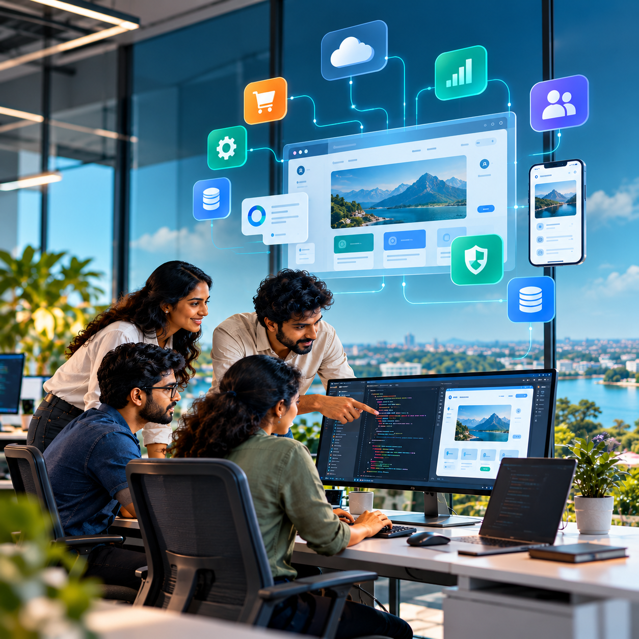 Modern web application development concept featuring developers collaborating on code, responsive web interfaces, cloud technology, database systems, security, analytics, and mobile integration in a futuristic office environment.