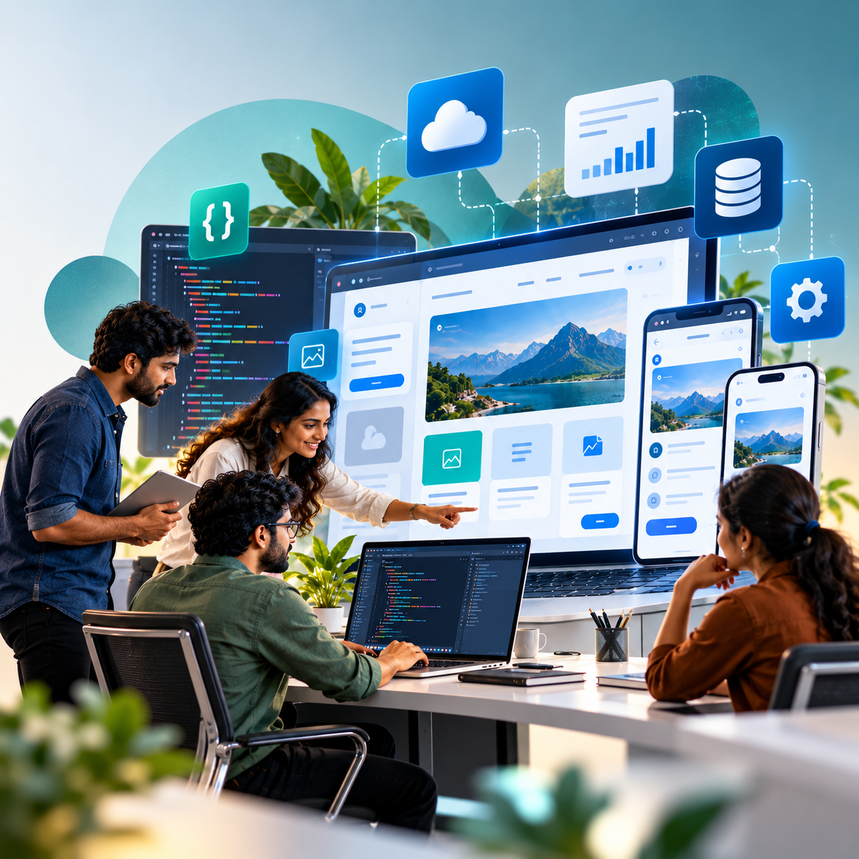 Modern web application development concept featuring developers collaborating on code, responsive web interfaces, cloud technology, database systems, security, analytics, and mobile integration in a futuristic office environment.