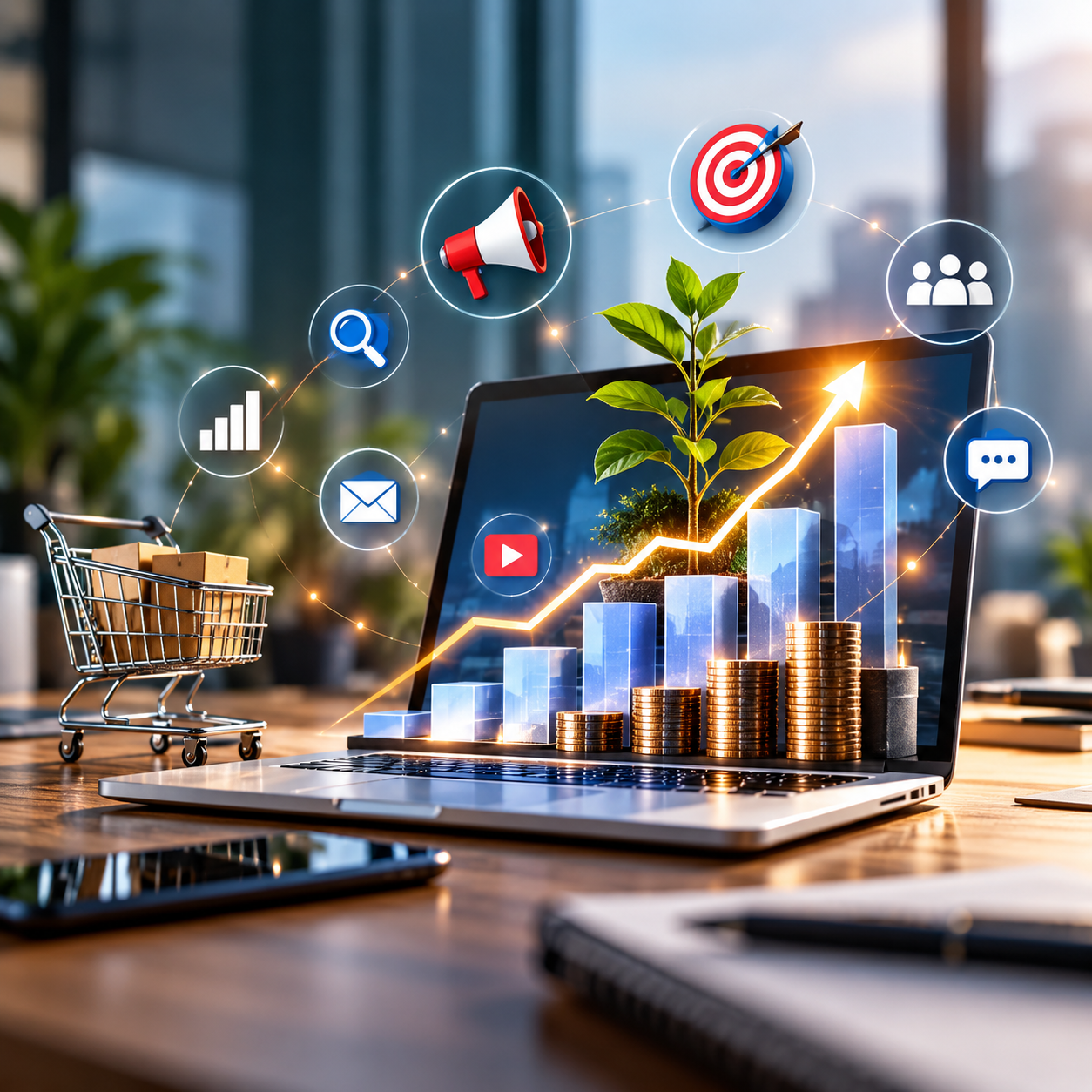 Realistic square business scene showing a laptop with a glowing upward growth chart, digital marketing icons, shopping cart, target, analytics, messaging, and a growing plant symbolizing business growth through digital marketing.