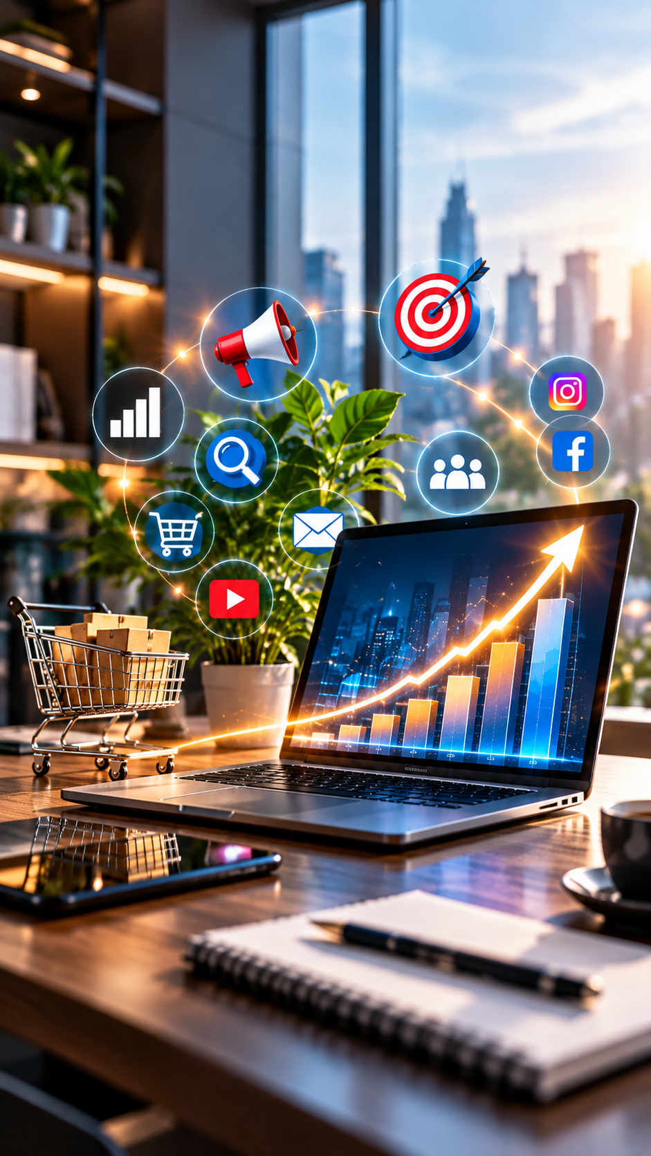 Realistic vertical business scene with a laptop showing an upward growth chart, surrounded by digital marketing icons, a shopping cart, target, analytics, social media, and email symbols in a modern office