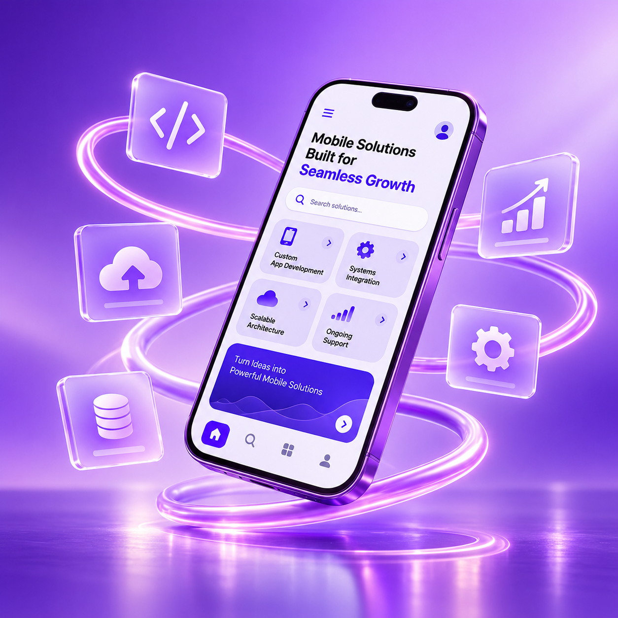 Modern web application development concept featuring developers collaborating on code, responsive web interfaces, cloud technology, database systems, security, analytics, and mobile integration in a futuristic office environment.
