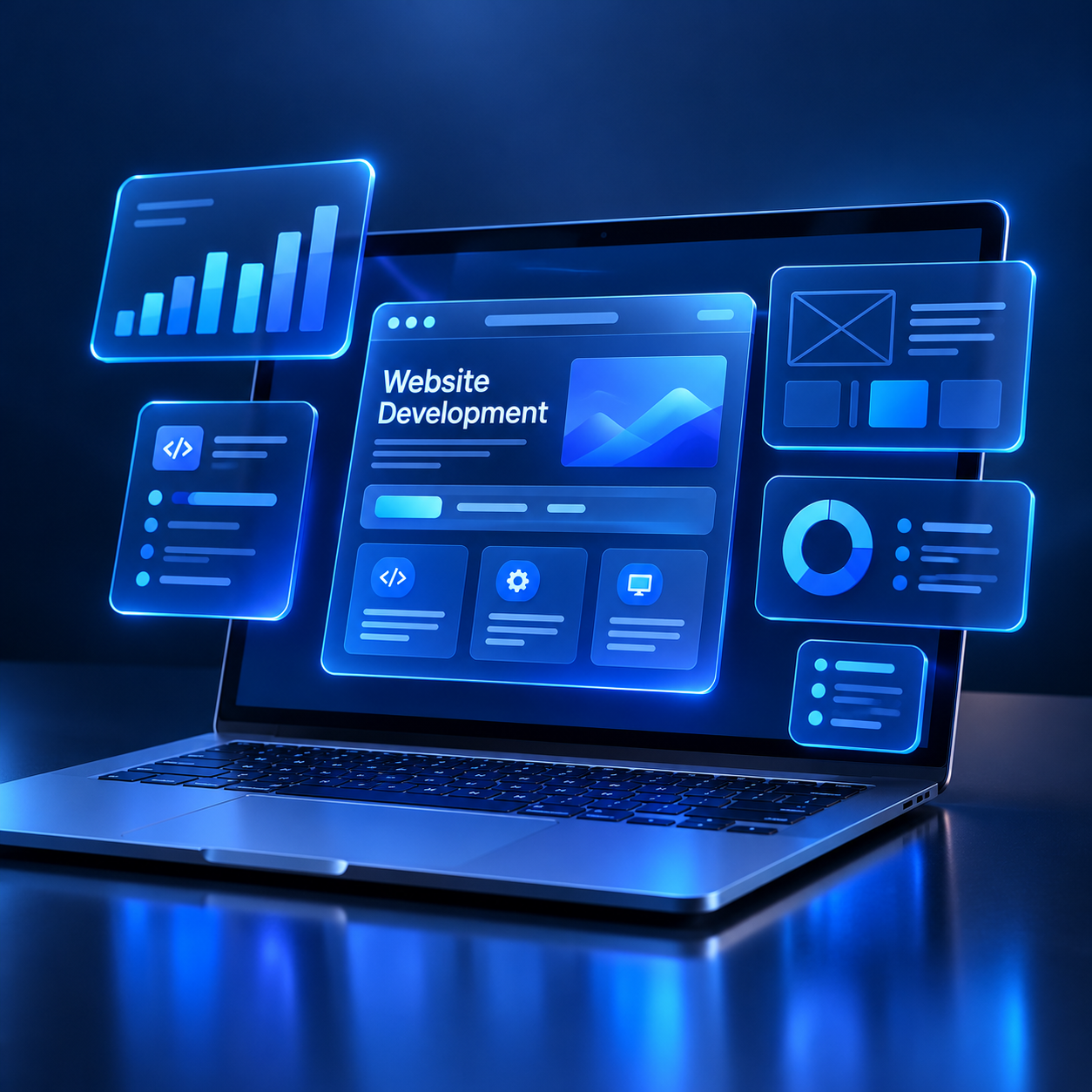 A modern laptop displaying a professional website development interface, surrounded by floating UI elements, analytics charts, coding panels, and digital dashboards in a futuristic blue environment.