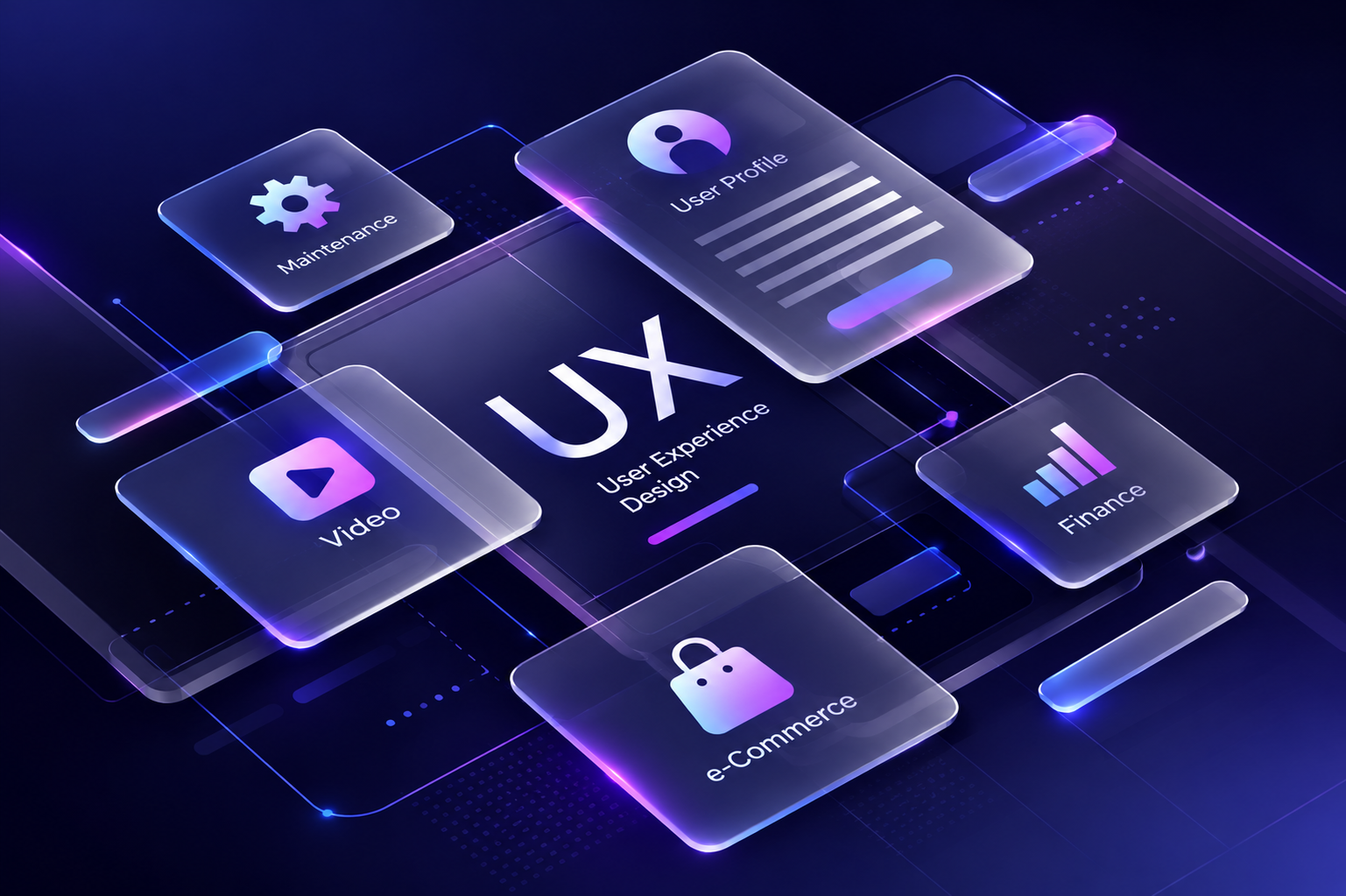 A futuristic user experience design concept featuring floating interface panels for user profiles, maintenance, video, finance, and e-commerce, connected through a modern digital interface with blue and purple lighting.